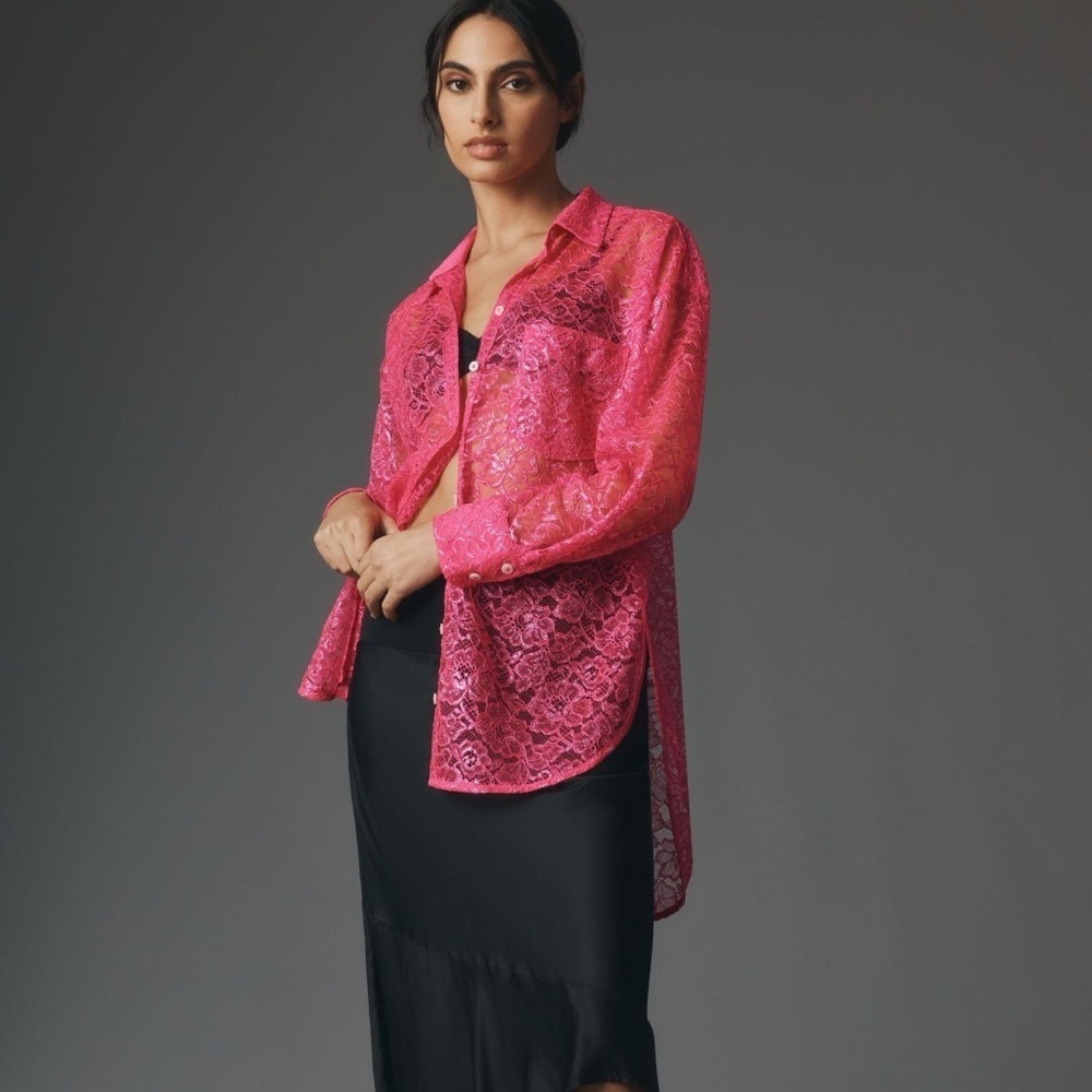 NWT Anthropologie Metallic Lace Button Down Shirt Neon Pink Large